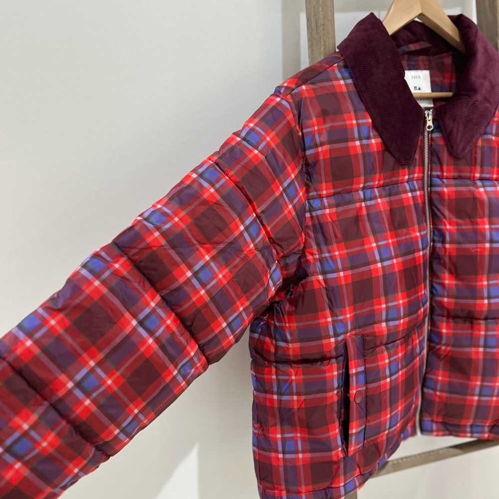Free Assembly Short Puffer Jacket Red Plaid Full Zip Winter Women’s Size XXL - Picture 4 of 9